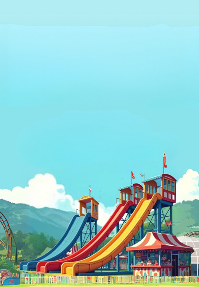 A vibrant water park scene with colorful slides and people enjoying themselves under a sunny sky.